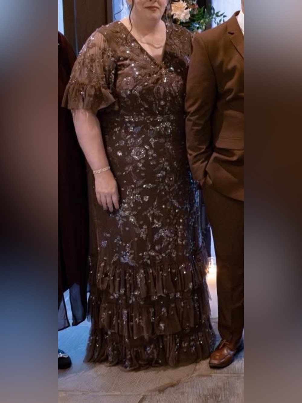 Mac Duggal Brown Sequined Tiered V-Neck Evening Gown #9270